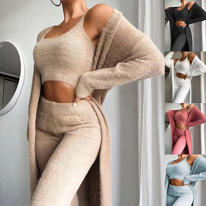 3pcs Solid Fluffy Plain Crop Top & Skinny Pants & Longline Coat Set